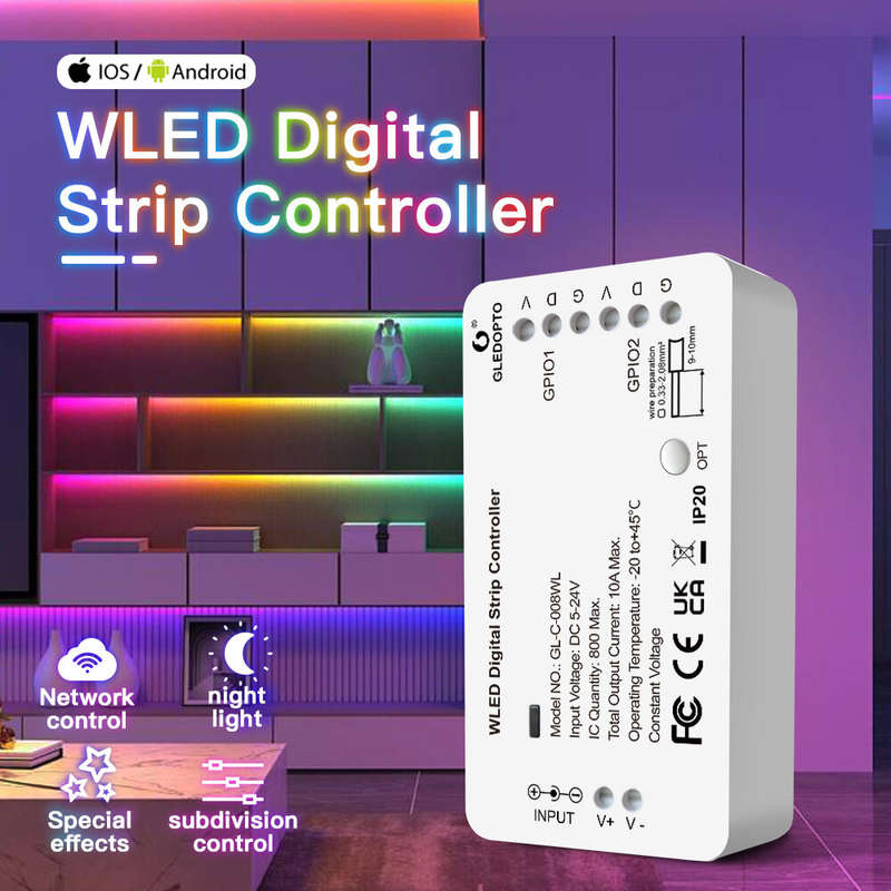 GLEDOPTO WLED Strip Light Controller 5-24V WS2812B WS2811 SK6812 TM1814 WS2813 WS2815 RGBIC LED Digi