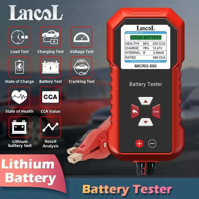 Lancol MICRO-500 Battery Tester 12V Lead-Acid Lithium CCA 40-3000 Color LCD Display QR Code Storage