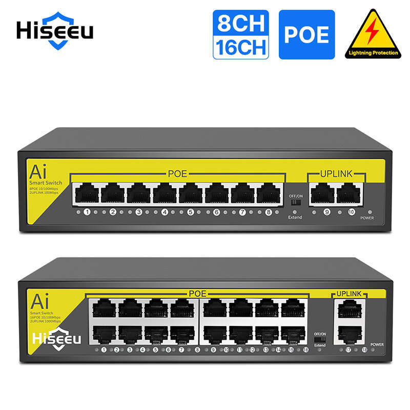 Hiseeu 48V 8/16CH POE Ports Switch Ethernet 10/100Mbps IEEE 802.3 af at for IP Camera CCTV Security