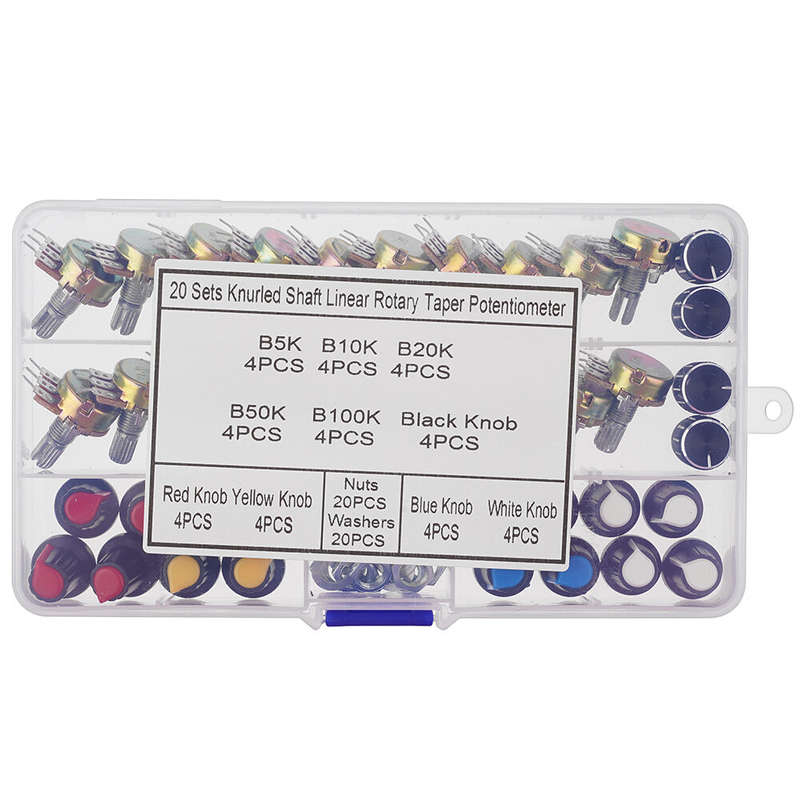 20PCS Single Potentiometer B5k/10k/20k/50k/100k Black White Blue Red And Yellow Knob Cap Set Boxed K