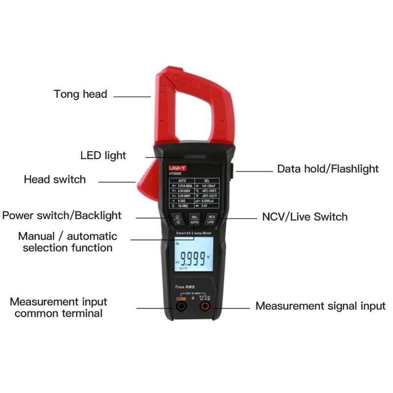 UNI-T Digital Clamp Meter UT202S AC 600A True RMS NCV Ammeter DC Voltage Frequency Hz Capacitance Da