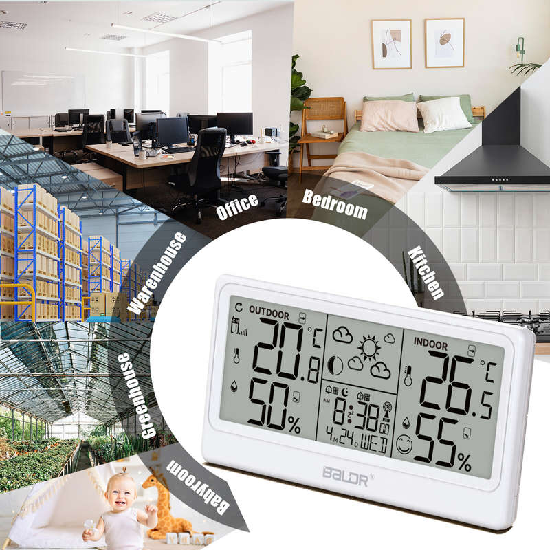 BALDR 8.5" LCD Screen Weather Station RCC Alarm Clock Digital Temperature Humidity Meter Weather For