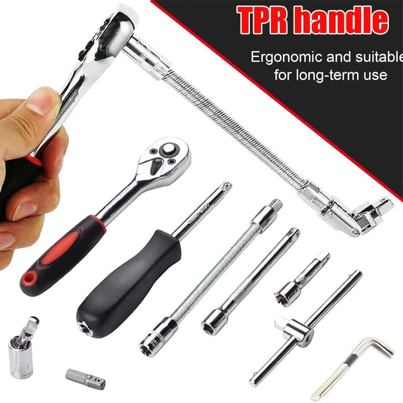 46PCS Drive Socket Set 1/4 inch Ratchet Wrench with Metric Hex Bit Mechanic Tool Kits for Auto Repai