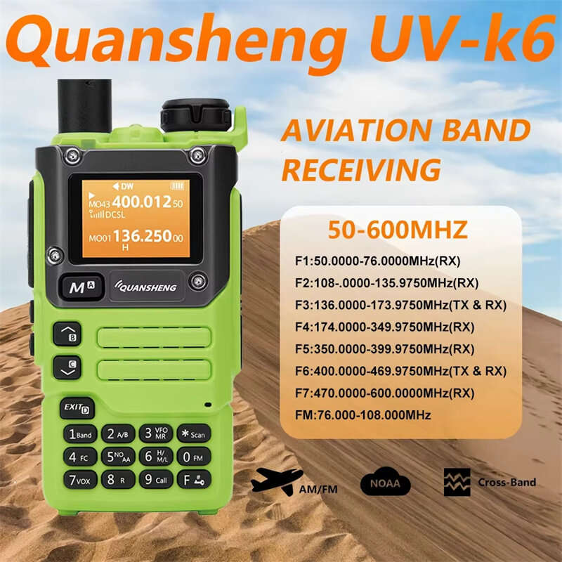 Quansheng UV-K6 Walkie Talkie 5W Green Air Band FM 50-600MHz VHF/UHF Wireless Frequency Two Way Radi