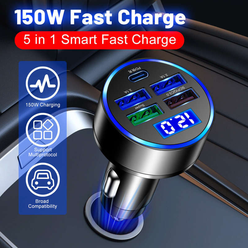 150W 5-Port USB PD Car Charger Adapter 4USB-A+1Type-C PD QC3.0 Fast Charging with Blue LED for iPhon