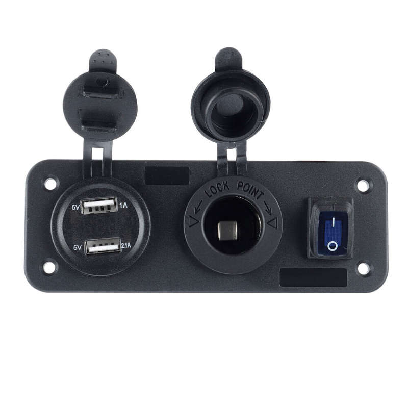 3 in 1 Dual USB Charger LED Voltmeter 12V 24V Power Socket On-Off Switch Panel Black Marine Dual USB