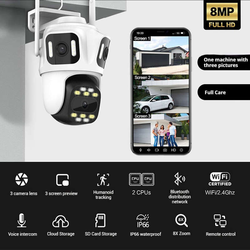8MP 3 Lens Full HD WIFI IP Camera 8x Zoom 3 Screens Preview IP66 Waterproof Night Vision Two-Way Aud