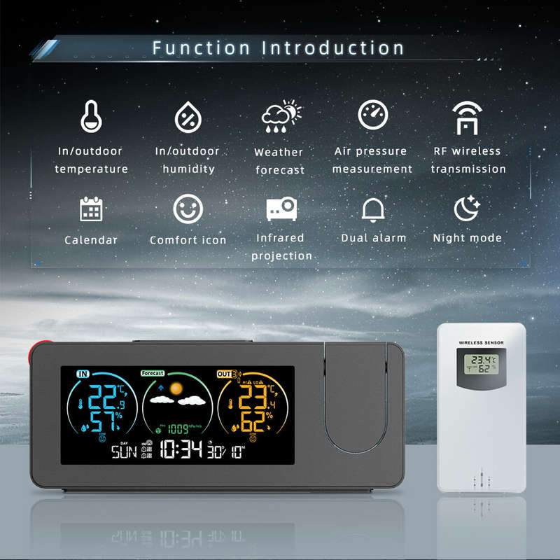 Electronic Projection Clock Weather Station Temperature and Humidity Meter Color Screen Weather Fore