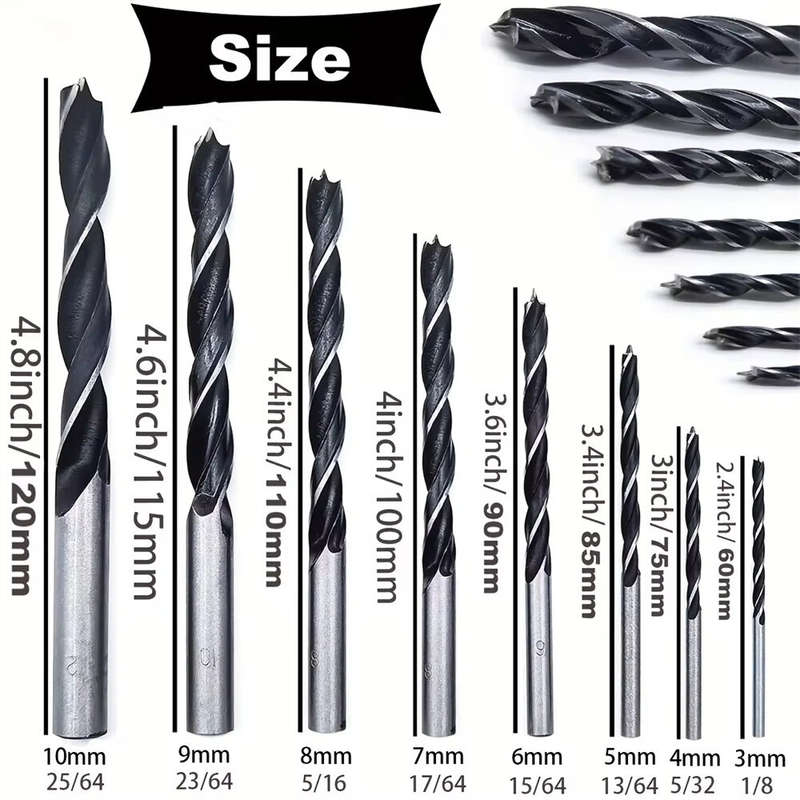 8-Piece Woodworking Drill Bit Set High Carbon Steel Brad-Point Tip 3mm to 10mm Fits Hand Electric Dr