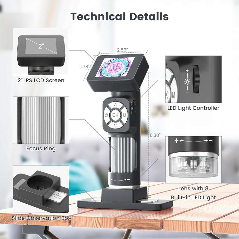 AD112 Portable Pocket 500X Microscope Kit 2-inch LCD Screen Handheld Digital Microscope with 8 Adjus