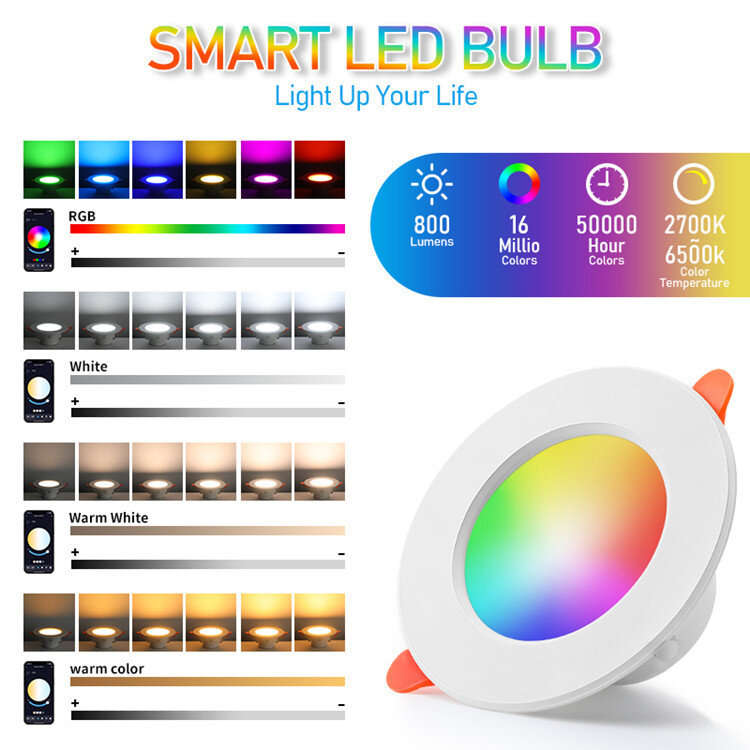 10W LED Smart Downlight RGB+CCT 16 Million Colors 2700K~6500K 800 Lumens Works With Alexa Voice Tuya