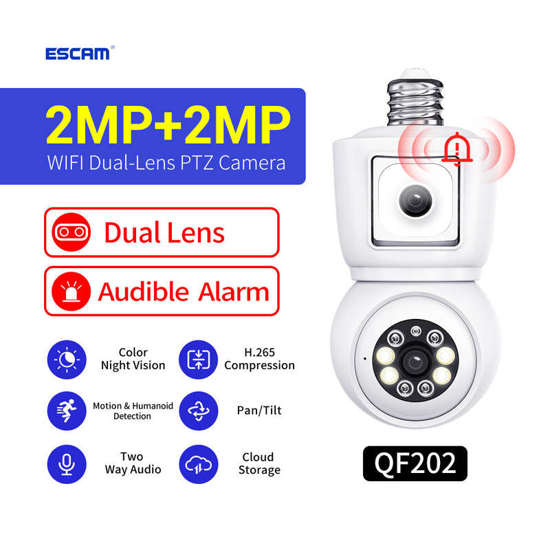 ESCAM QF202 E27 2MP+2MP WiFi PTZ Camera Dual Lens Wireless Surveillcance Camera with Color Night Vis