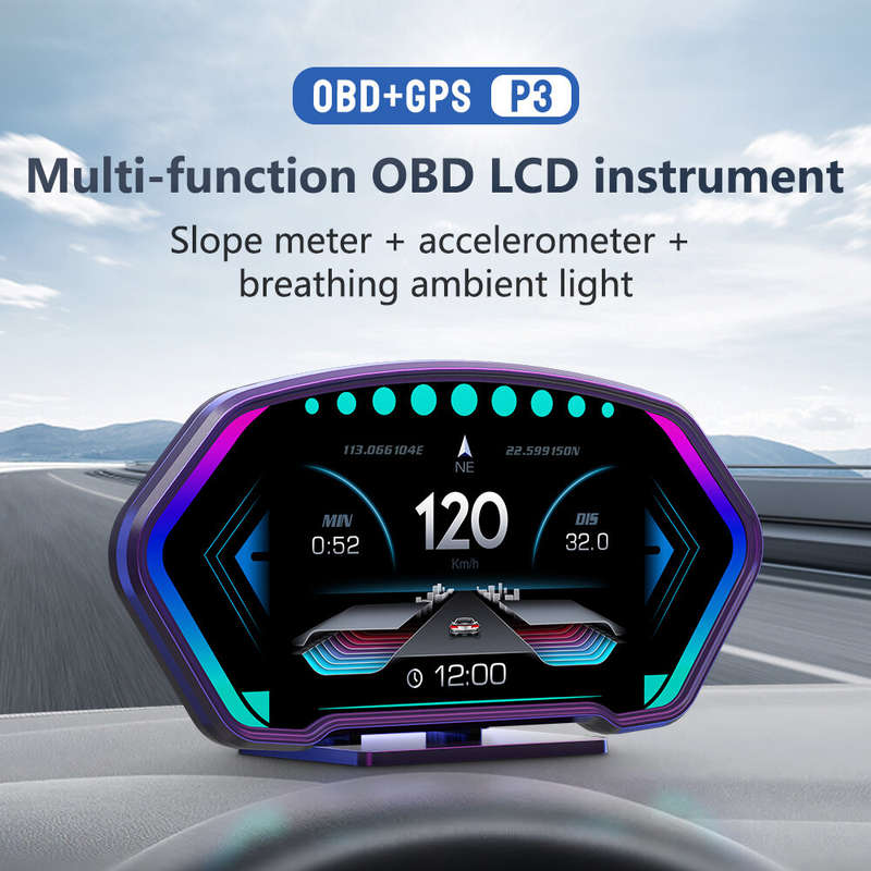 6-inch LCD Screen P3 Car Head Up Display 36 Function OBD+GPS Dual System HUD Slope Meter Acceleromet