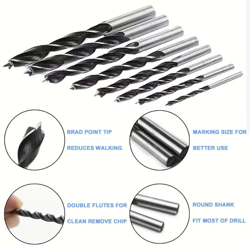 8-Piece Woodworking Drill Bit Set High Carbon Steel Brad-Point Tip 3mm to 10mm Fits Hand Electric Dr