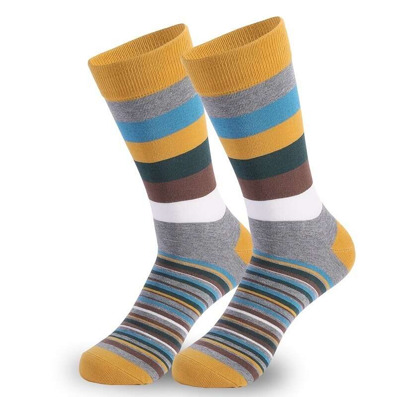 5 Pairs Men's Plus Size Dress Socks Crew Colorful Striped Funny Casual Mid Tube Socks Breathable Ela