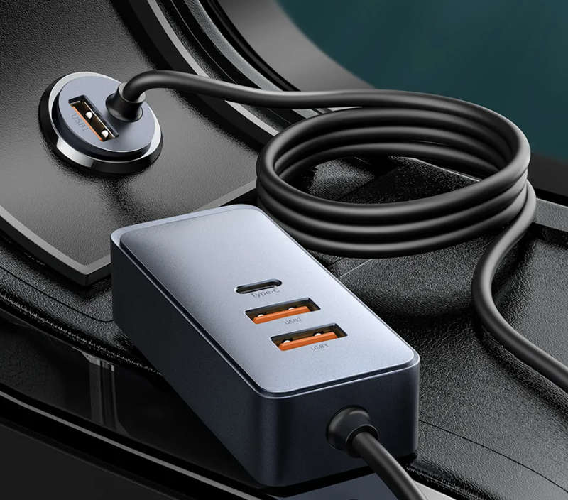 Baseus 120W PPS Multi-Port Fast Charging Car Charger With Extension Cord 3U+1C Gray