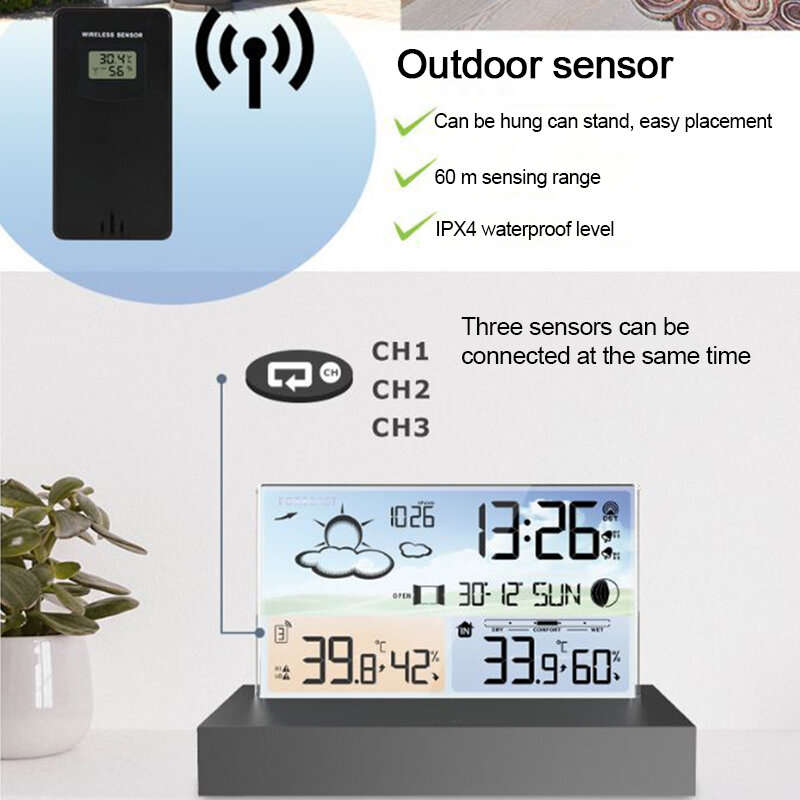 Clear Glass Weather Station Color Screen Thermometer Hygrometer Weather Forecast Calendar Wireless I