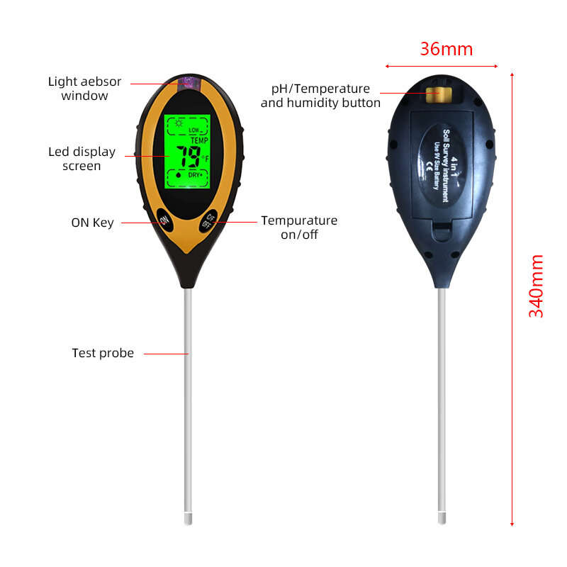 Digital 4 In 1 Soil PH Meter Moisture Monitor Temperature Sunlight Tester for Gardening Plants Farmi