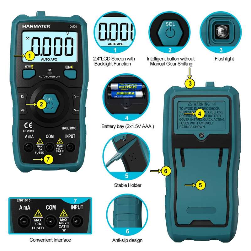 HANMATEK DM20 Digital Multimeter Auto-Ranging 6000 Counts Smart Electrical Tester with Non-Contact V