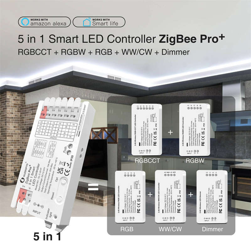GLEDOPTO C-201P ZigBee3.0 Pro+ 5 in 1 LED Strip Controller 20A Max RGBCCT/RGBW/RGB/CCT/Dimmer Home T