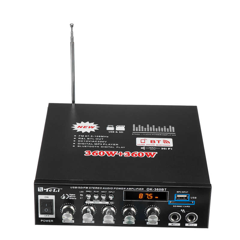 360W+360W bluetooth Power Amplifier MP3 Player FM Stereo Radio U Disk SD Card Hifi Digital Amplifier