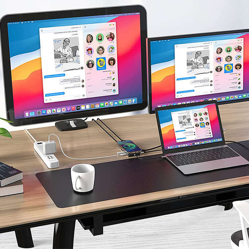 Pobod 14 in 1 Type-C Docking Station with Wireless Charger USB3.0*3 USB2.0*2 PD100W USB-C 4K@30Hz HD
