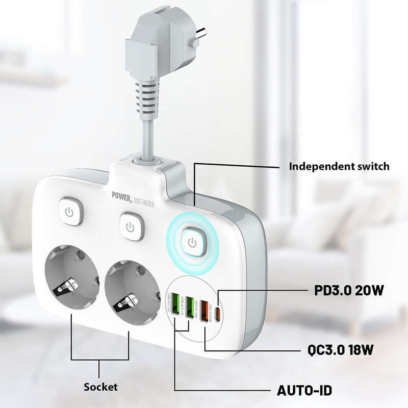 LDNIO Multi-socket Power Strip 2 EU Outlet with 3 USB 1 Type-C Port Multiple Socket Switch European