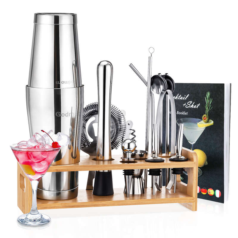 Stainless Steel 22oz Cocktail Shaker Set with Wood Stand - 16 Piece Bartender Kit with Drink Shaker,