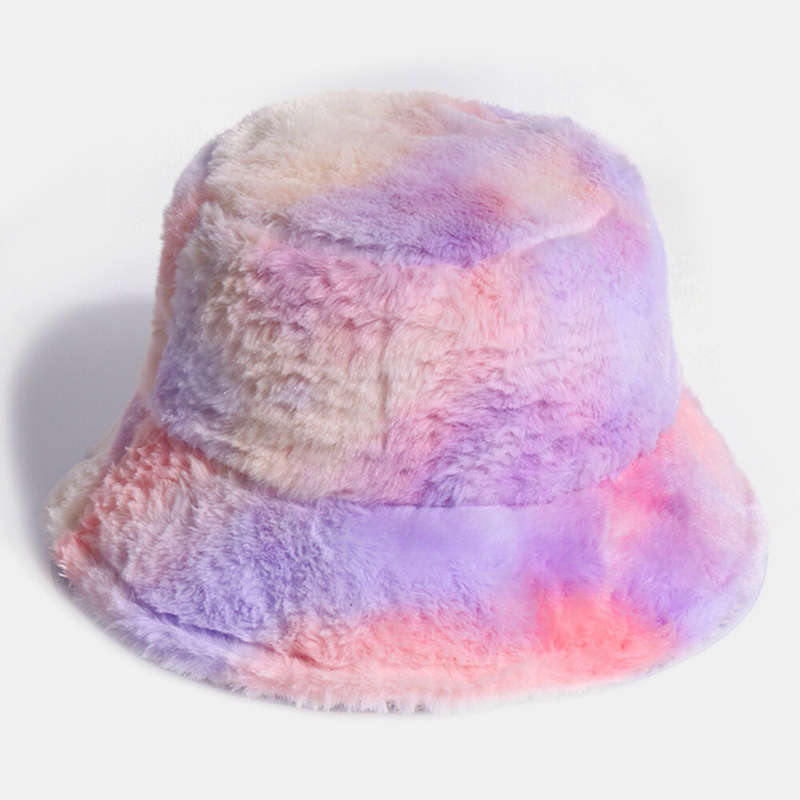 Unisex Rabbit Hair Color Gradient Rainbow Plush Warm All-match Casual Outdoor Bucket Hat