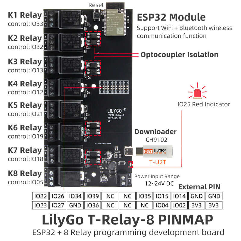 LILYGO T-Relay 5V 8 Channel Relay Module ESP32 Wireless Development Board WIFI Bluetooth With Optoco