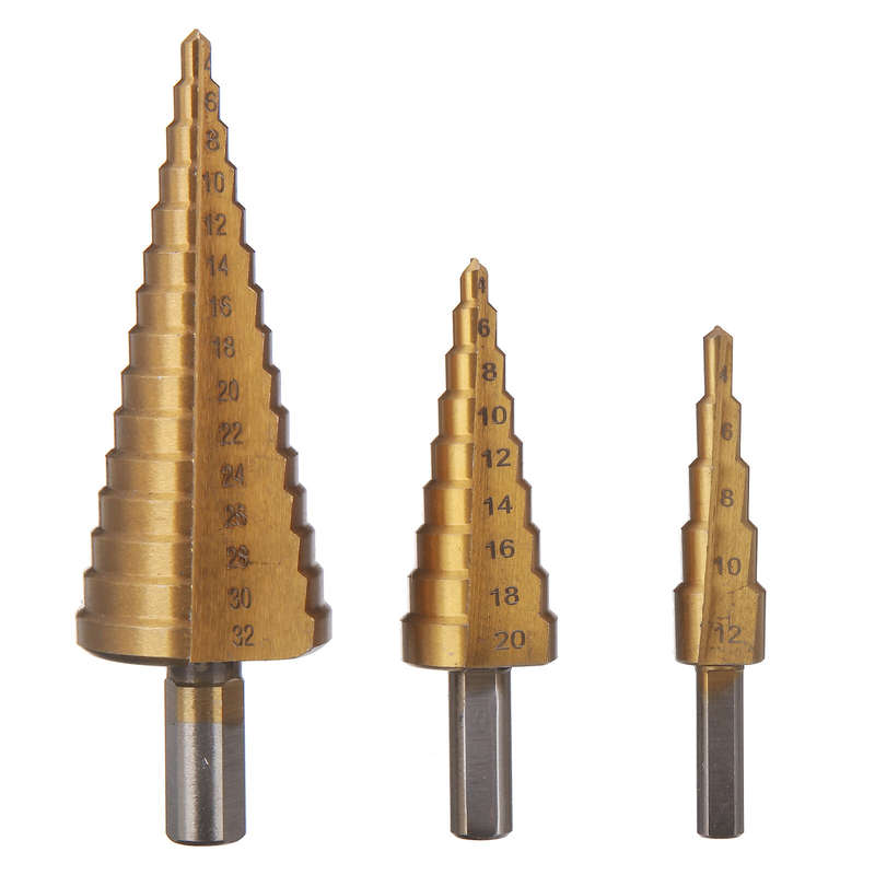 6PCs HSS Step Drill Bit Sets Straight Titanium Coated Cone Hole Cutter Automatic Center Punch Spiral