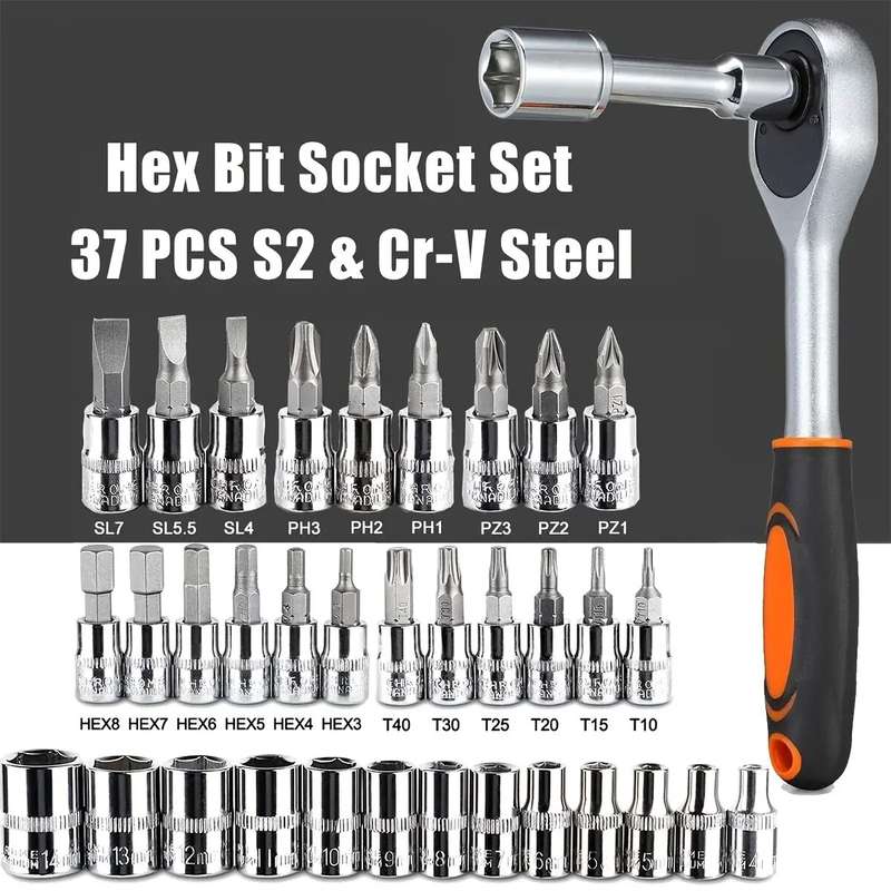 46PCS Drive Socket Set 1/4 inch Ratchet Wrench with Metric Hex Bit Mechanic Tool Kits for Auto Repai