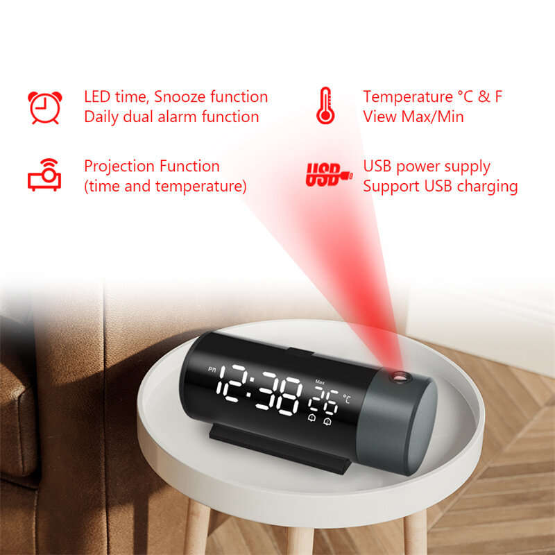 ZX1006A Digital Projection Alarm Clock with Temperature Time 180Rotation LED Display Dual Alarm Cloc