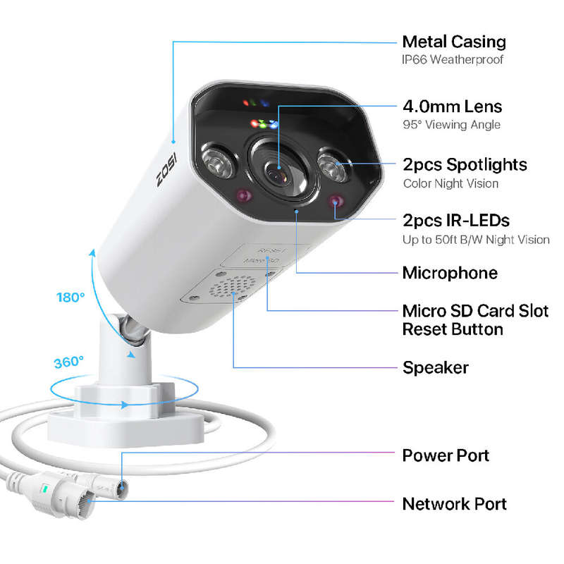 ZOSI 5MP IP Camera Add-on Outdoor PoE Security Camera Two Way Audio HDR Color Night Vision Home CCTV