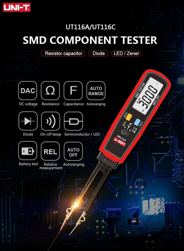 UNI-T UT116A SMD Tester Meter Multimeter Rotatable Tweezer 3000 Counts Resistance Capacitance LED Di