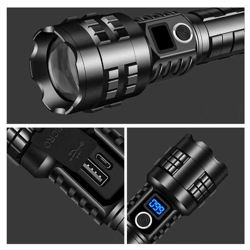 Powerful Tactical P70 LED Flashlight 3 Modes USB Power Display Torch with Self Rescue Hammer Broken