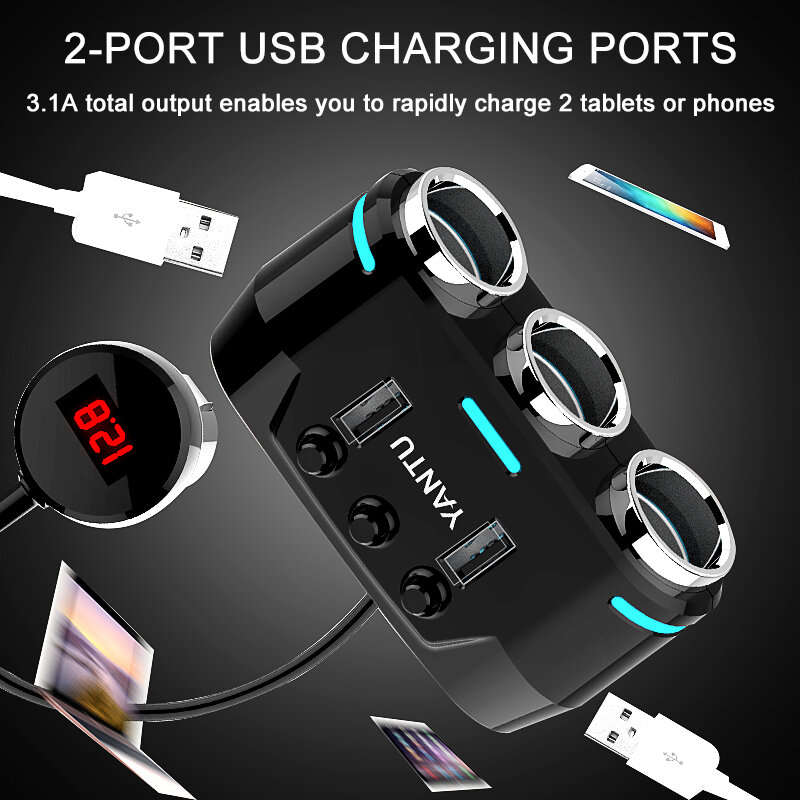 YANTU 12V-24V Car Charger Charging Port 3.1A QC3.0 Fast Charger Car Power Socket With 3 Charging Cab