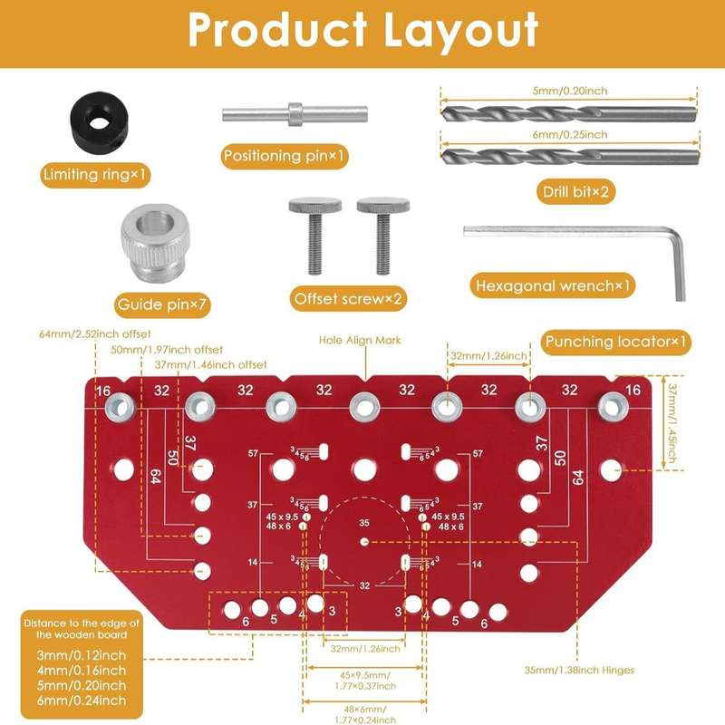 Shelf Pin Jig and Hinge Jig Two-In-One Aluminum Alloy 1/4in and 5mm Drill Bits All-Metal Cabinet Har