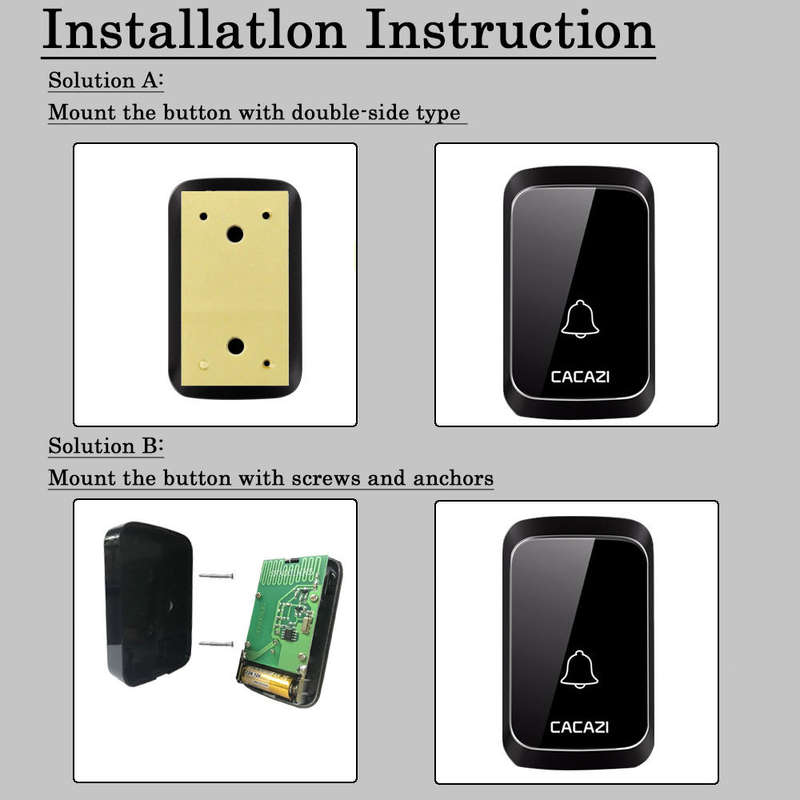 CACAZI A60 Waterproof Wireless Music Doorbell LED Light Battery 300M Remote Home Cordless Call Bell