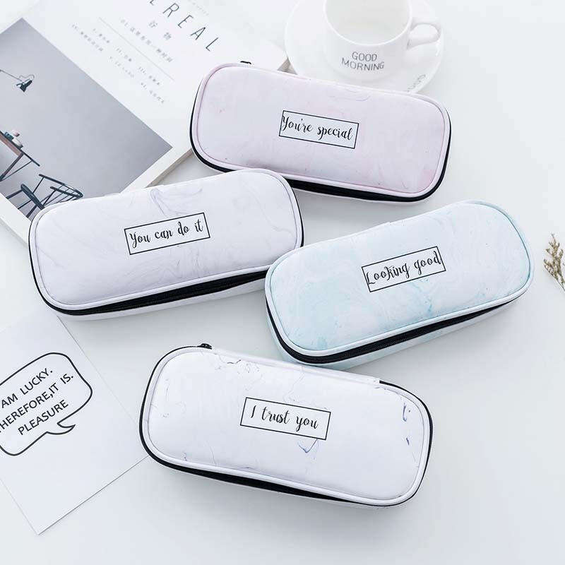 QSND 1 Piece Cute Marble Pattern Pencil Bag Box PU Leather Pencil Case Waterproof Stationery Pouch O