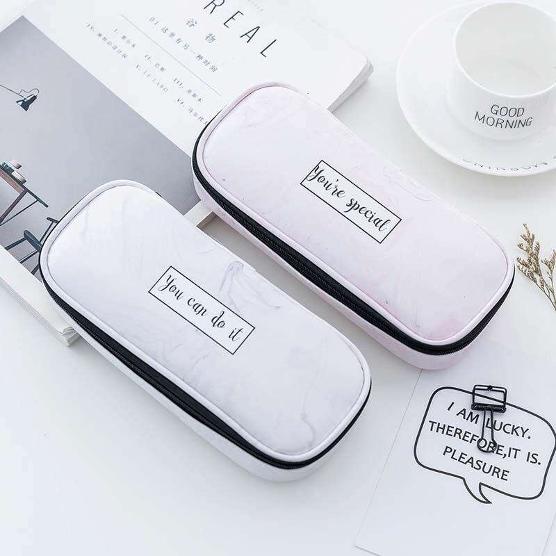 QSND 1 Piece Cute Marble Pattern Pencil Bag Box PU Leather Pencil Case Waterproof Stationery Pouch O