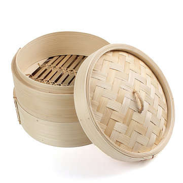 2 Tier Bamboo Steamer Dim Sum Basket Rice Pasta Kitchen Food Steaming Tools