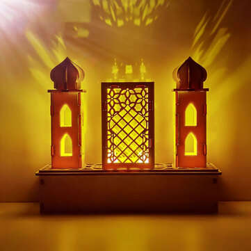 DIY LED Light Wooden Eid Mubarak Plaque Ramadan Home Party Ornament (LED TYPE: PALACEKAABA)