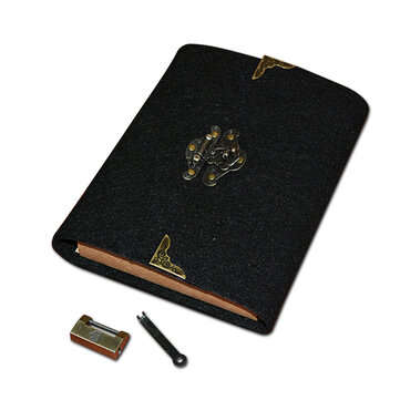 Felt Soft Leather Travel Notebook with Lock Key Diary Notepad Kraft Paper for Bus... (COLOR.: BLACK)