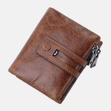 Men Genuine Leather Zipper RFID Blocking Anti-theft Retro Business Card Holder Wa... (COLOR: SORREL)