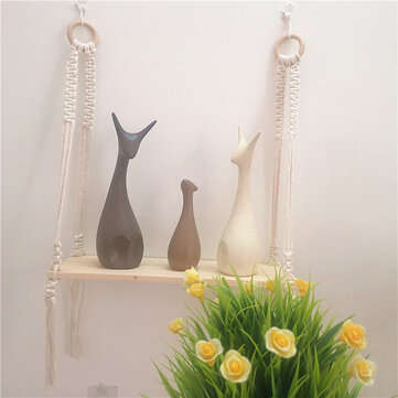 Wooden Bohemian Sling Rack Storage Rack Woven Rope Plant Rack Home DIY Decoration for Home Storage