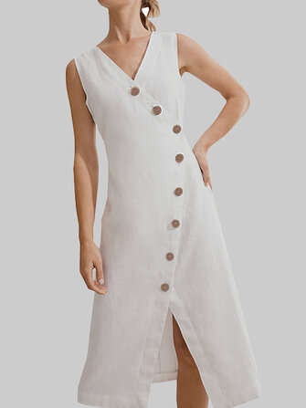 Women Sleeveless V-neck Buttons Casual Shirt Dress