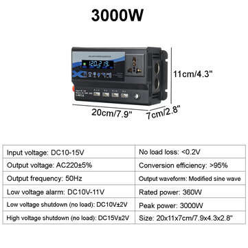 3000/4000/6000W Car Power Inverter DC 12V/24V To AC 220V 4USB Outle... (VOLTAGE: 12V | POWER: 3000W)