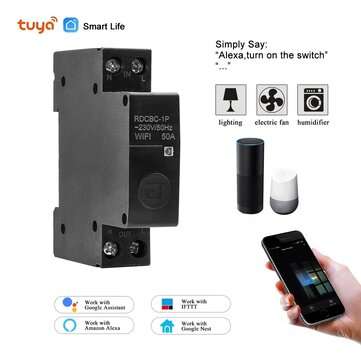 Tuya Smart Life 1P 50A 18mm WiFi Smart Circuit Breaker Remote Control Switch Works with Amazon Alexa