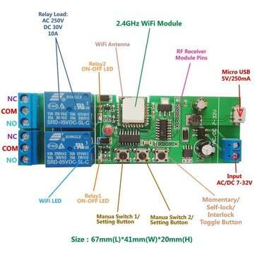 EACHEN WiFi 2-way Relay Module Self-Locking/Interlock Switch Module Works with Amazo... (TYPE: WIFI)